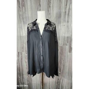 Metaphor Black Lace Yoke Button Down Blouse Long Sleeve Top Womens XL